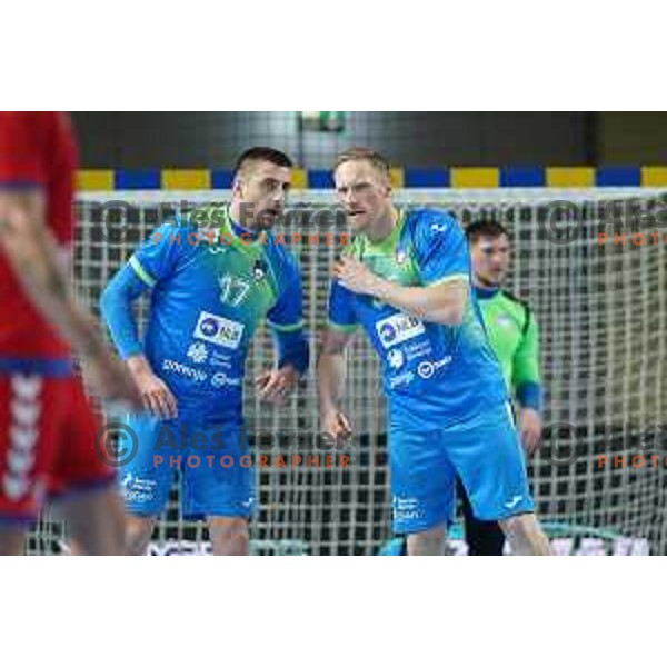 Nejc Cehte and Miha Zvizej of Slovenia in action during World Championship Men 2023 Qualifiers between Slovenia and Serbia in Celje, Slovenia on April 13, 2022 