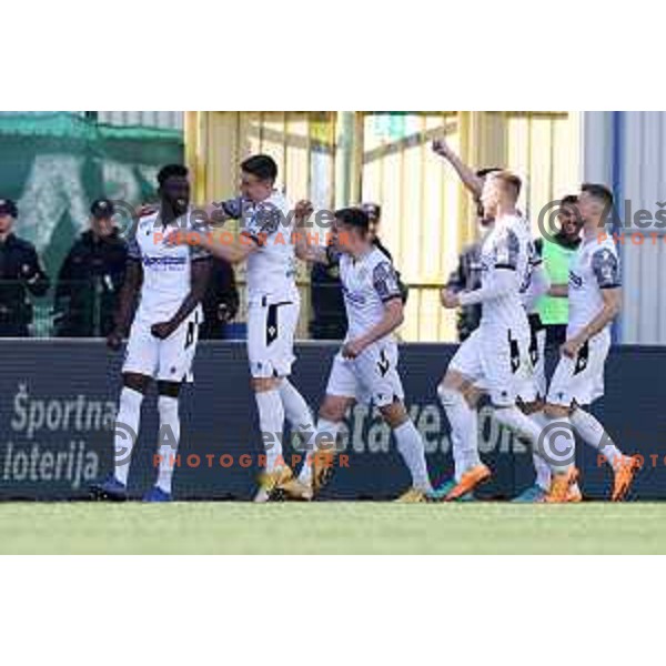 Lamin Colley and players of Koper celebrate goal during Prva Liga Telemach 2021-2022 football match between Domzale and Koper in Domzale, Slovenia on April 16, 2022