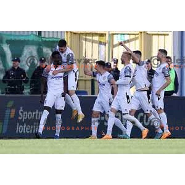 Lamin Colley and players of Koper celebrate goal during Prva Liga Telemach 2021-2022 football match between Domzale and Koper in Domzale, Slovenia on April 16, 2022