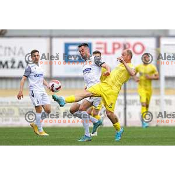 Ivan Borna Jelic Balta and Senijad Ibricic in action during Prva Liga Telemach 2021-2022 football match between Domzale and Koper in Domzale, Slovenia on April 16, 2022