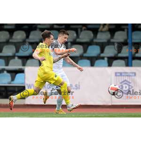 Andraz Zinic and Luka Susnjara in action during Prva Liga Telemach 2021-2022 football match between Domzale and Koper in Domzale, Slovenia on April 16, 2022