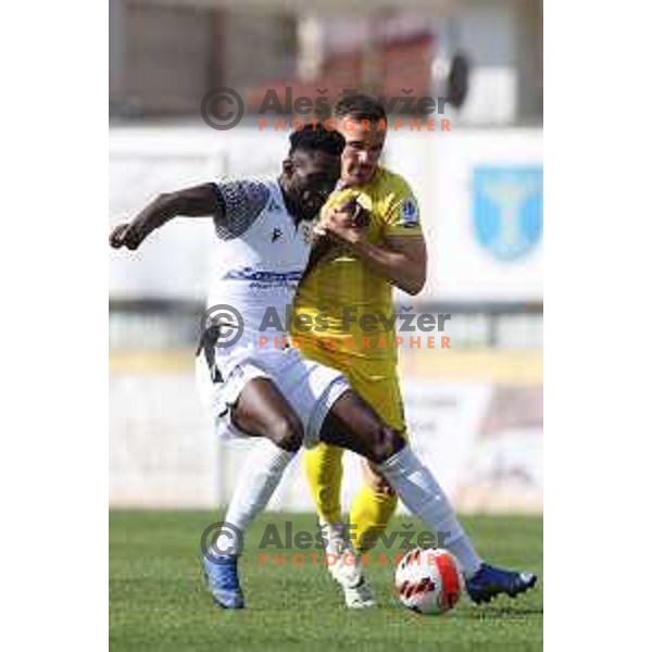 Lamin Colley and Tilen Klemencic in action during Prva Liga Telemach 2021-2022 football match between Domzale and Koper in Domzale, Slovenia on April 16, 2022