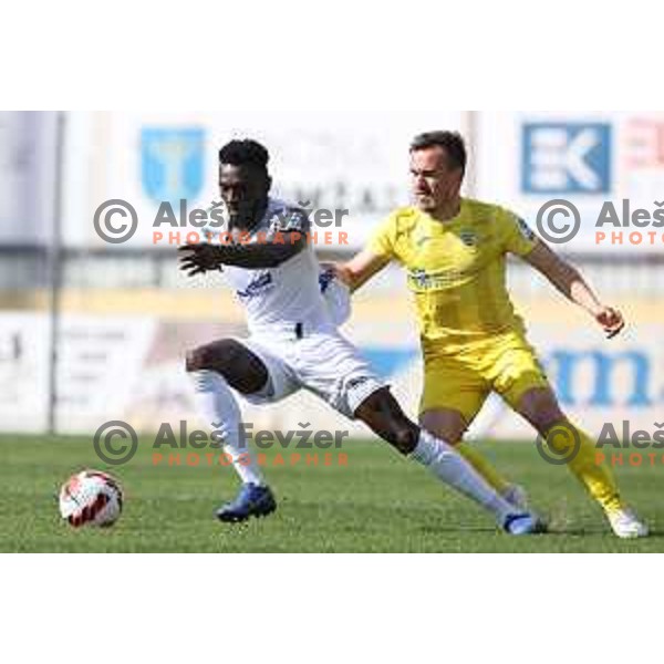 Lamin Colley and Tilen Klemencic in action during Prva Liga Telemach 2021-2022 football match between Domzale and Koper in Domzale, Slovenia on April 16, 2022