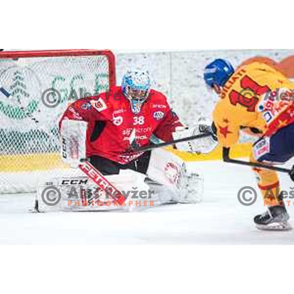 Oscar Froberg in action during fourth game of the Final of Alps league ice-hockey match between Sij Acroni Jesenice (SLO) and Migross Asiago (ITA) in Podmezakla Hall, Jesenice on April 16, 2022