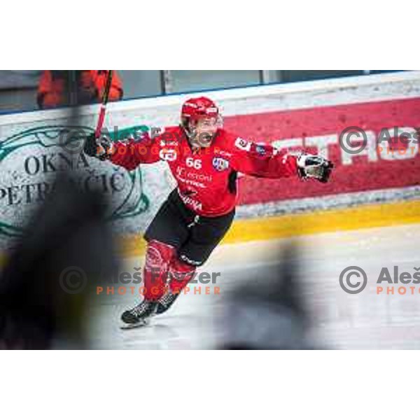 Eetu Elo celebrates goal during fourth game of the Final of Alps league ice-hockey match between Sij Acroni Jesenice (SLO) and Migross Asiago (ITA) in Podmezakla Hall, Jesenice on April 16, 2022