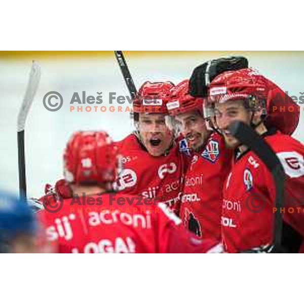 Eetu Elo celebrates goal during fourth game of the Final of Alps league ice-hockey match between Sij Acroni Jesenice (SLO) and Migross Asiago (ITA) in Podmezakla Hall, Jesenice on April 16, 2022