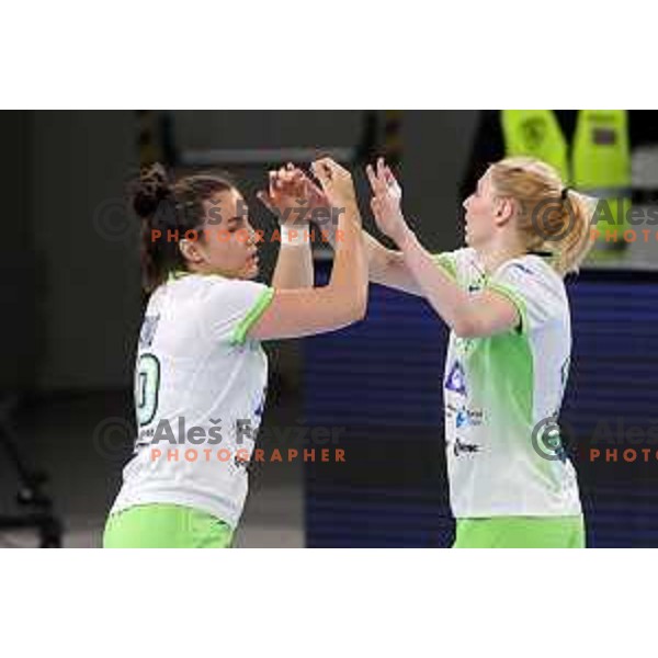 Tjasa Stanko and Tamara Mavsar in action during Euro Cup Women 2022 Group phase match between Slovenia and Montenegro Stozice Hall, Ljubljana, Slovenia on April 21, 2022