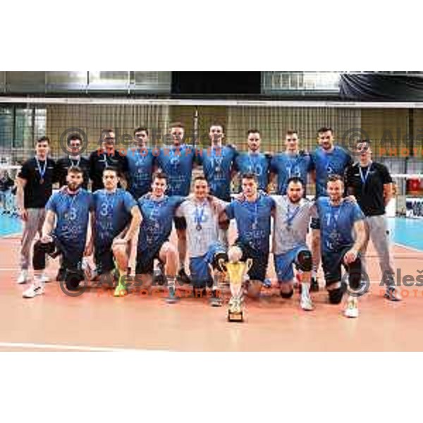 Mitja Gasparini and players of Calcit, runners-up in the Final of 1.DOL between ACH volley and Calcit in Tivoli Hall, Ljubljana, Slovenia on April 25, 2022