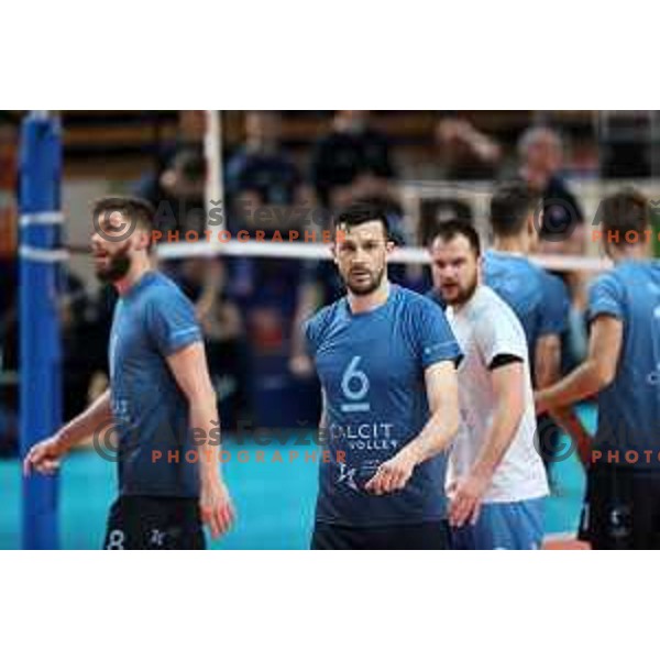 Mitja Gasparini and players of Calcit, runners-up in the Final of 1.DOL between ACH volley and Calcit in Tivoli Hall, Ljubljana, Slovenia on April 25, 2022