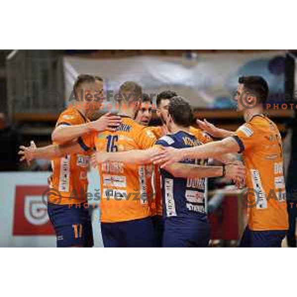 Players of ACH volley celebrate victory in the Final of 1.DOL between ACH volley and Calcit in Tivoli Hall, Ljubljana, Slovenia on April 25, 2022
