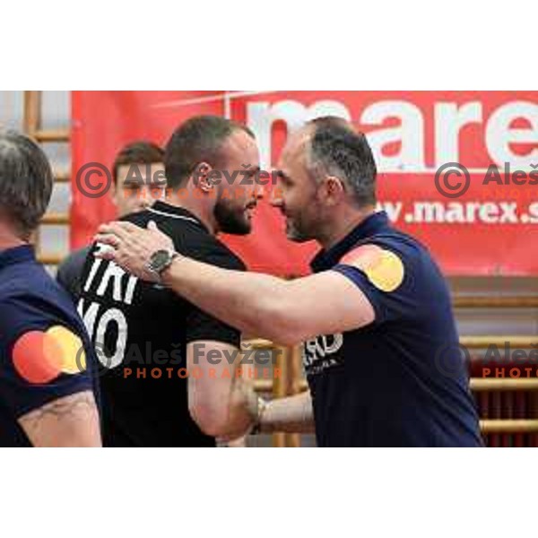 Uros Zorman and Alem Toskic during 1.NLB league handball match Trimo Trebnje and Celje Pivovarna Lasko in Trebnje, Slovenia on April 29, 2022
