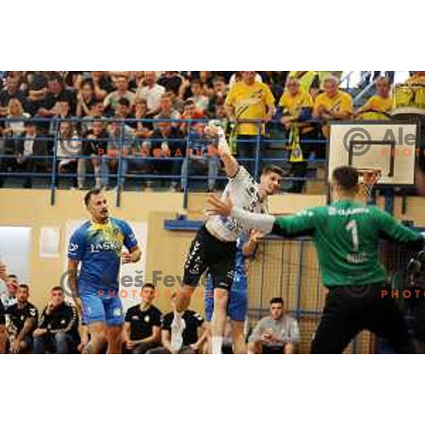 In action during 1.NLB league handball match Trimo Trebnje and Celje Pivovarna Lasko in Trebnje, Slovenia on April 29, 2022