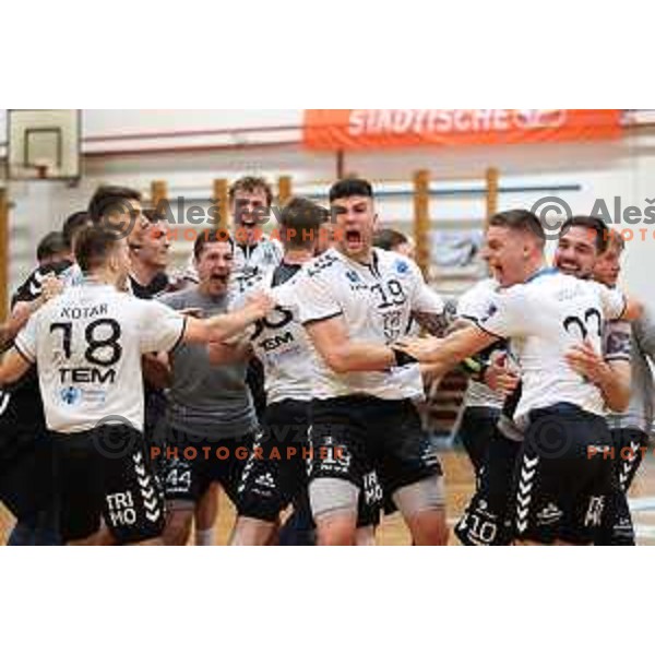 Players of Trimo Trebnje celebrate victory in 1.NLB league handball match Trimo Trebnje and Celje Pivovarna Lasko in Trebnje, Slovenia on April 29, 2022
