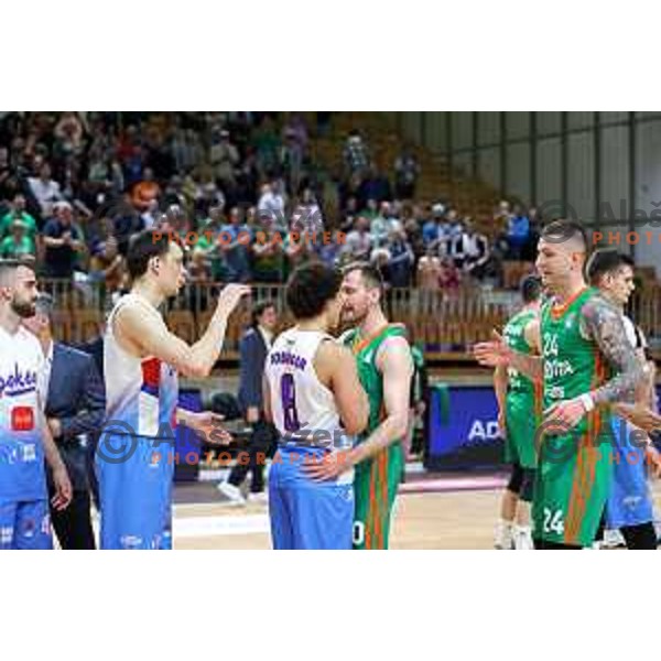 Zoran Dragic and Alen Omic of Cedevita Olimpija in action during ABA league play-off basketball match between Cedevita Olimpija and Igokea in Tivoli Hall, Ljubljana, Slovenia on April 30, 2022