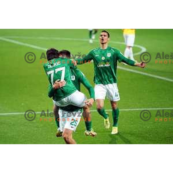 Svit Seslar and players of Olimpija celebrate goal during Prva Liga Telemach 2021-2022 football match between Domzale and Aluminij in Domzale, Slovenia on May 1, 2022
