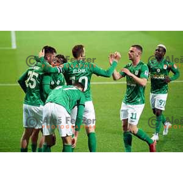 Svit Seslar and players of Olimpija celebrate goal during Prva Liga Telemach 2021-2022 football match between Domzale and Aluminij in Domzale, Slovenia on May 1, 2022