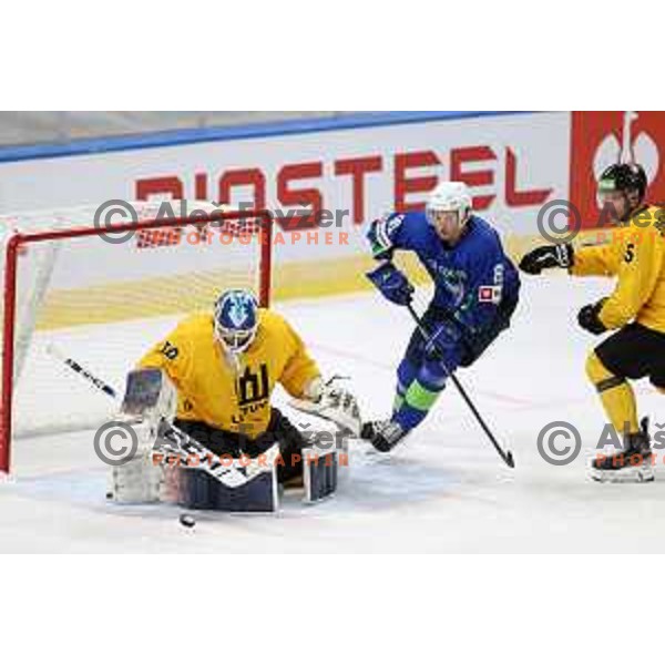 Tadej Cimzar in action during IIHF Ice-hockey World Championship 2022 division I group A match between Slovenia and Lithuania in Ljubljana, Slovenia on May 3, 2022