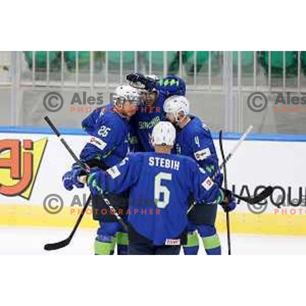 Jan Urbas, Miha Verlic celebrate goal during IIHF Ice-hockey World Championship 2022 division I group A match between Slovenia and Lithuania in Ljubljana, Slovenia on May 3, 2022