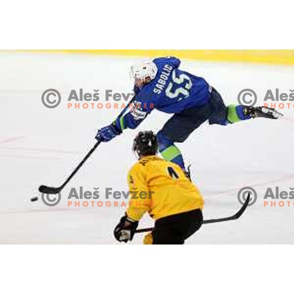 Robert Sabolic in action during IIHF Ice-hockey World Championship 2022 division I group A match between Slovenia and Lithuania in Ljubljana, Slovenia on May 3, 2022