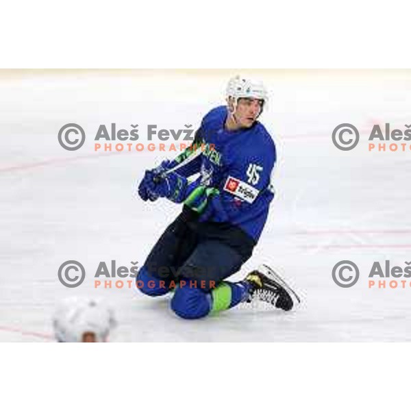 Luka Maver in action during IIHF Ice-hockey World Championship 2022 division I group A match between Slovenia and Lithuania in Ljubljana, Slovenia on May 3, 2022 