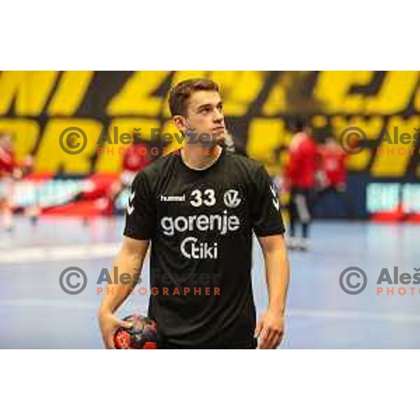 Enej Jovicic in action during fourth-final of EHF Cup handball match between Gorenje Velenje (SLO) and SL Benfica (POR) in Red Hall, Velenje, Slovenia on May 3, 2022
