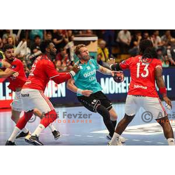 David Miklavcic in action during fourth-final of EHF Cup handball match between Gorenje Velenje (SLO) and SL Benfica (POR) in Red Hall, Velenje, Slovenia on May 3, 2022