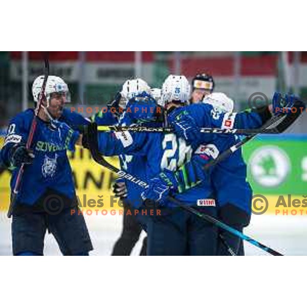 Miha Verlic and Slovenia players celebrate goal during IIHF Ice-hockey World Championship 2022 division I group A match between Slovenia and Hungary in Ljubljana, Slovenia on May 6, 2022
