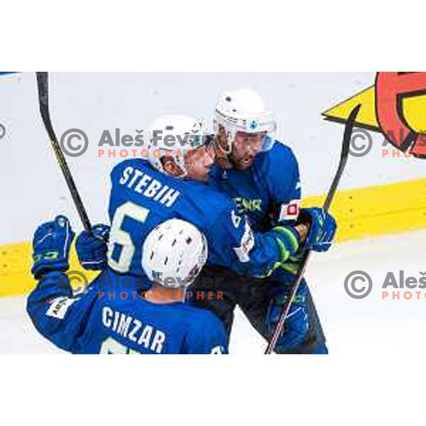 Stebih and Ziga Pance in action during IIHF Ice-hockey World Championship 2022 division I group A match between Slovenia and Hungary in Ljubljana, Slovenia on May 6, 2022