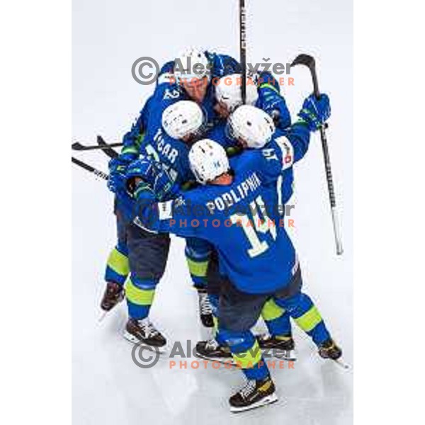 in action during IIHF Ice-hockey World Championship 2022 division I group A match between Slovenia and Hungary in Ljubljana, Slovenia on May 6, 2022