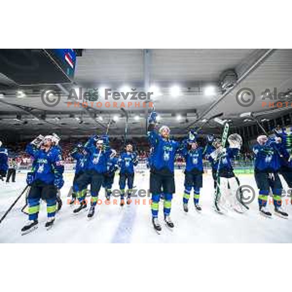 Jan Urbas and Slovenian players celebrate victory at IIHF Ice-hockey World Championship 2022 division I group A match between Slovenia and Hungary in Ljubljana, Slovenia on May 6, 2022 