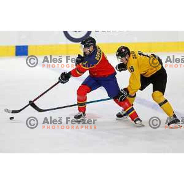 in action during IIHF Ice-hockey World Championship 2022 division I group A match between Lithuania and Romania in Ljubljana, Slovenia on May 7, 2022