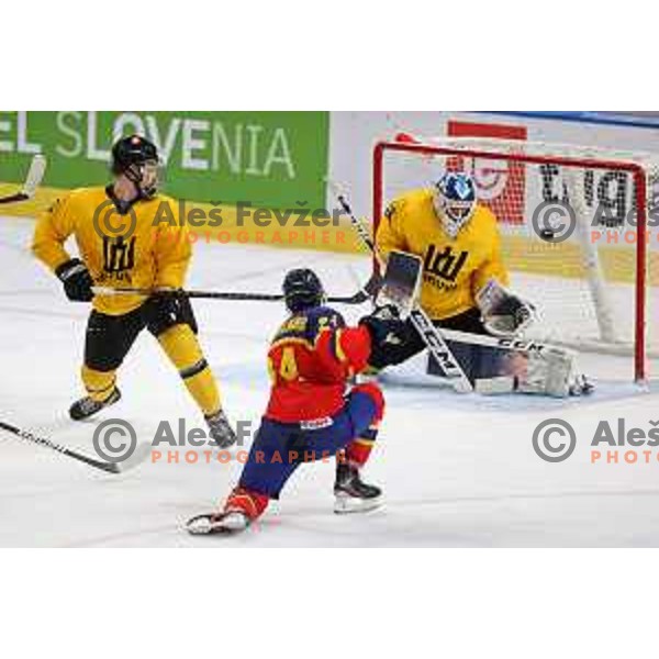 in action during IIHF Ice-hockey World Championship 2022 division I group A match between Lithuania and Romania in Ljubljana, Slovenia on May 7, 2022