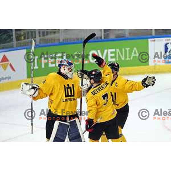 Players of Lithuania celebrate third place at IIHF Ice-hockey World Championship 2022 division I group A after victory in match between Lithuania and Romania in Ljubljana, Slovenia on May 7, 2022