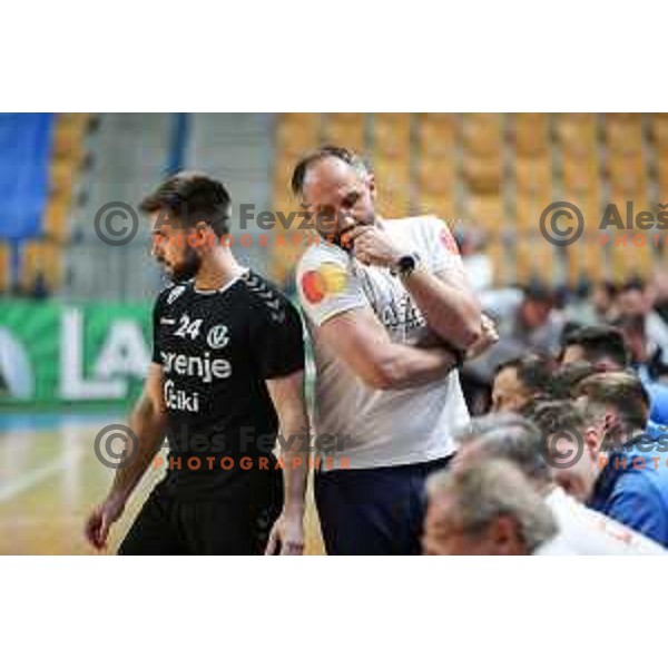 Alem Toskic and Tilen Sokolic in action during 1.NLB league handball match between Celje Pivovarna Lasko and Gorenje Velenje in Arena Zlatorog, Celje, Slovenia on May 7, 2022