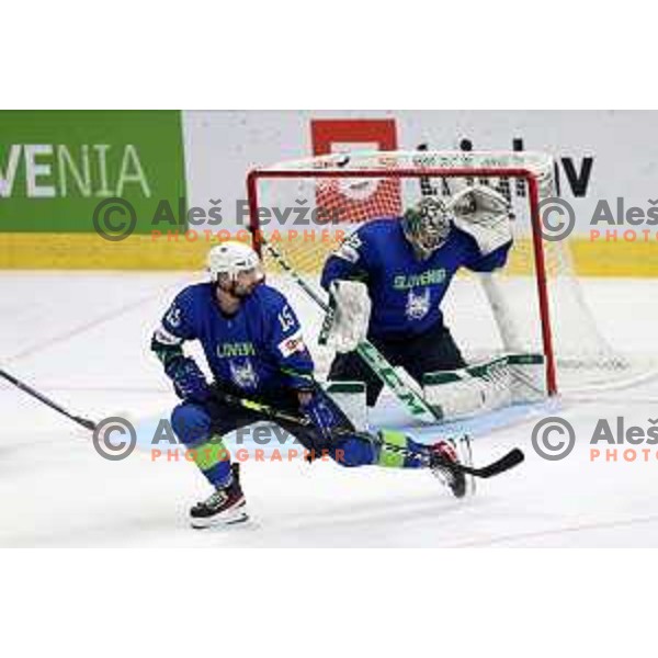 in action during IIHF Ice-hockey World Championship 2022 division I group A match between Slovenia and South Korea in Ljubljana, Slovenia on May 8, 2022