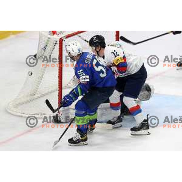 in action during IIHF Ice-hockey World Championship 2022 division I group A match between Slovenia and South Korea in Ljubljana, Slovenia on May 8, 2022