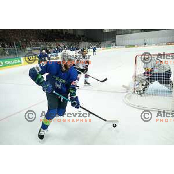 Miha Zajc in action during IIHF Ice-hockey World Championship 2022 division I group A match between Slovenia and South Korea in Ljubljana, Slovenia on May 8, 2022