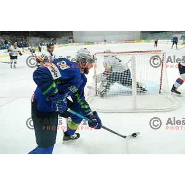 Miha Zajc in action during IIHF Ice-hockey World Championship 2022 division I group A match between Slovenia and South Korea in Ljubljana, Slovenia on May 8, 2022