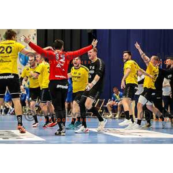 Emir Taletovic and players of Gorenje celebrate victory in semi final of Slovenian handball cup match between Gorenje Velenje and Celje Pivovarna Lasko in Slovenj Gradec, Slovenia on May 14, 2022