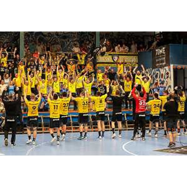 Emir Taletovic and players of Gorenje celebrate victory in semi final of Slovenian handball cup match between Gorenje Velenje and Celje Pivovarna Lasko in Slovenj Gradec, Slovenia on May 14, 2022