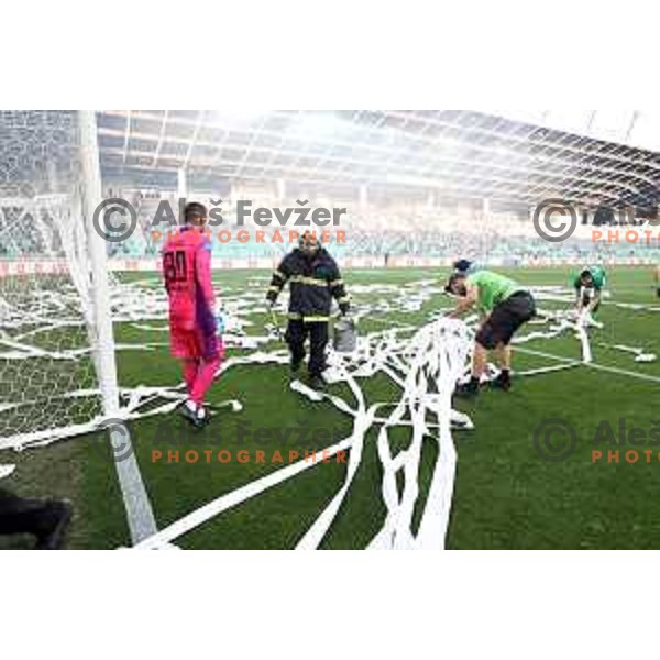 Marko Zalokar in between paper stripes on the pitch during Prva Liga Telemach football match between Olimpija and Mura in SRC Stozice, Ljubljana, Slovenia on May 15, 2022