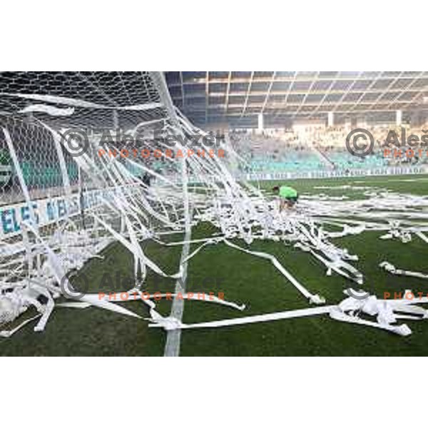 Paper stripes on the pitch during Prva Liga Telemach football match between Olimpija and Mura in SRC Stozice, Ljubljana, Slovenia on May 15, 2022