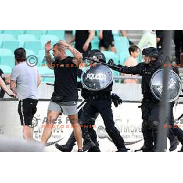Special police forces on the pitch during Prva Liga Telemach football match between Olimpija and Mura in SRC Stozice, Ljubljana, Slovenia on May 15, 2022