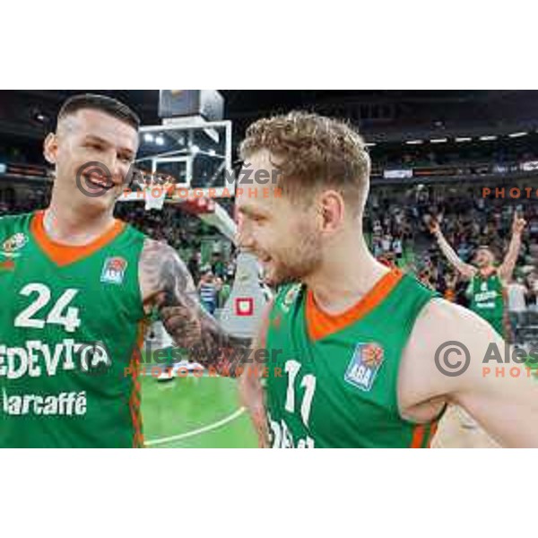 Alen Omic and Jaka Blazic during second semi-final match of ABA league between Cedevita Olimpija and Crvena Zvezda in Stozice, Arena, Ljubljana, Slovenia on May 16, 2022