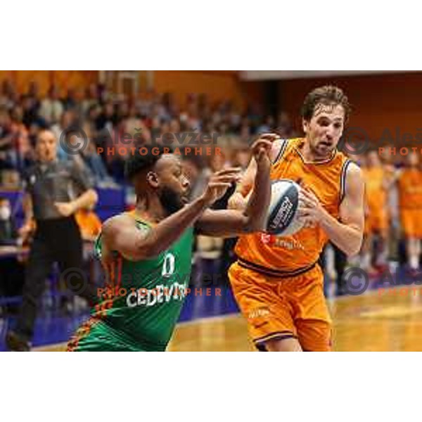 Jacob Pullen and Tadej Ferme in action during Final of Nova KBM league first match between Helios Suns-Cedevita Olimpija in Domzale, Slovenia on May 25, 2022