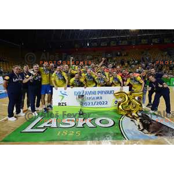 Players of Celje Pivoarna Lasko celebrate Slovenian national title after victory in 1.NLB league match between Celje Pivovarna Lasko and SVIS in Slovenia on May 27, 2022