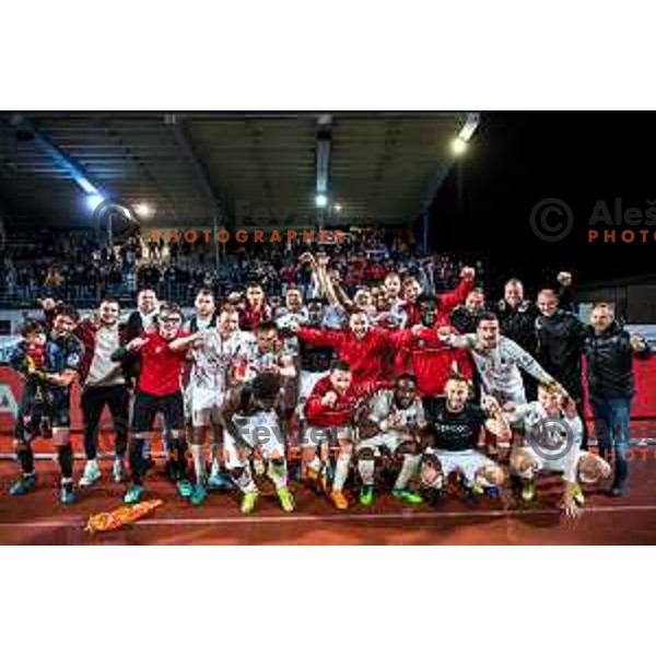 Players of Tabor CB 24 celebrate victory in Qualification match for Prva liga Telemach between Triglav and Tabor CB 24 in Kranj, Slovenia on May 29, 2022 