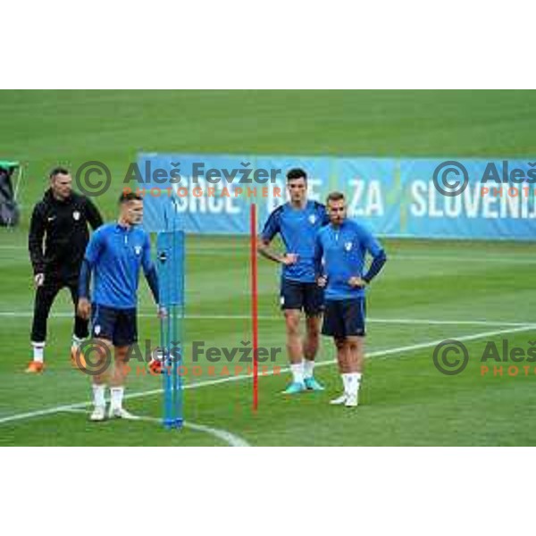 Zan Celar, Benjamin Sesko and Sandi Lovric of Slovenia Football team during practice session at NNC Brdo on May 30, 2022