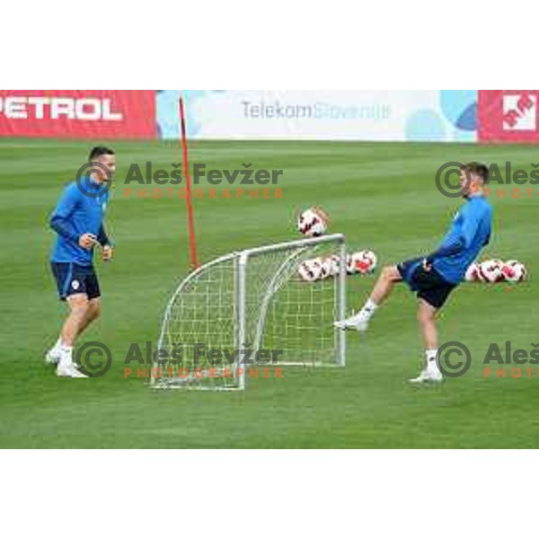 Zan Celar and Tomi Horvat of Slovenia Football team during practice session at NNC Brdo on May 30, 2022