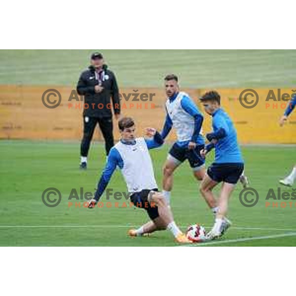 Jaka Bijol and Luka Zahovic of Slovenia Football team during practice session at NNC Brdo on May 30, 2022